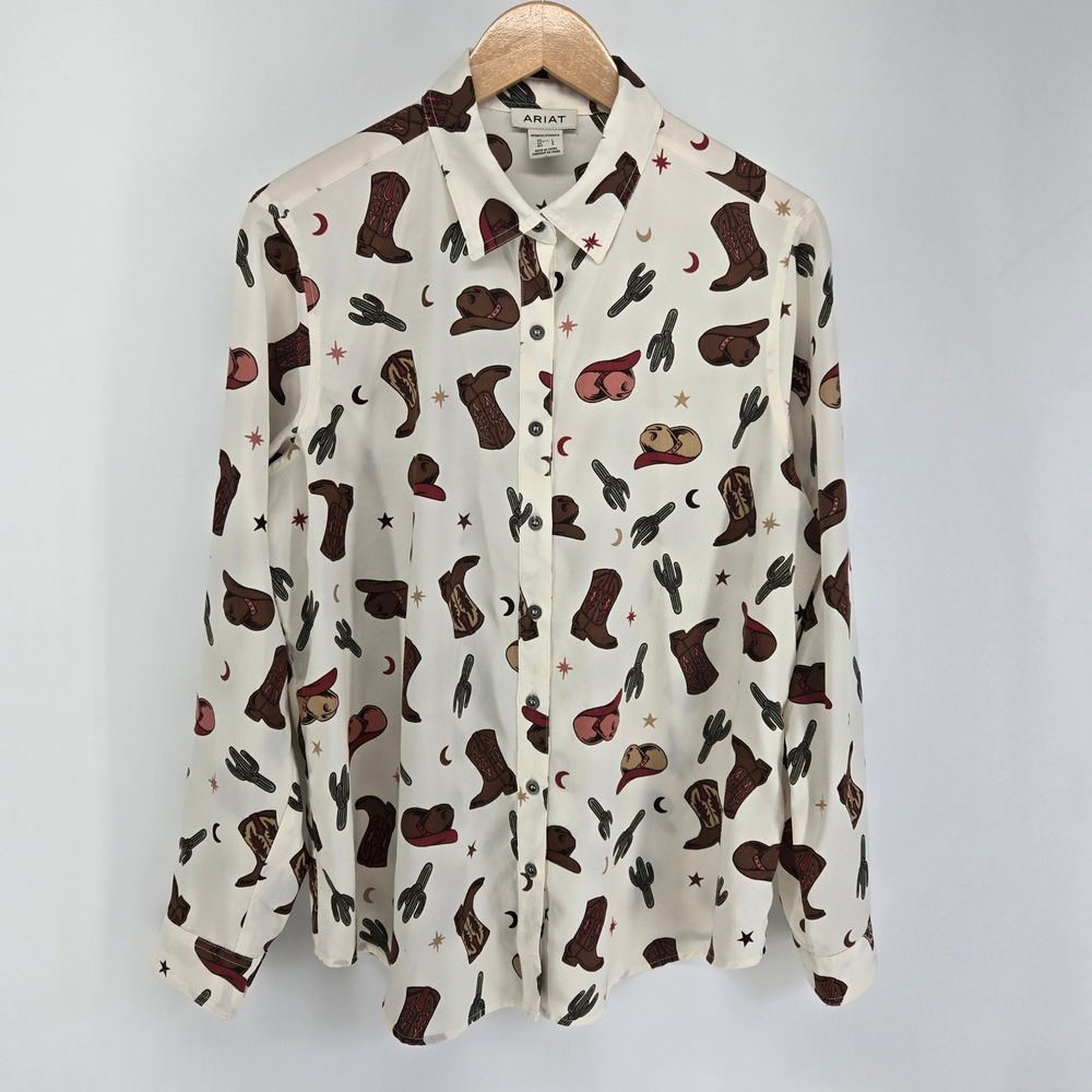 Ariat Homestyle Shirt Women L Western Boot Cactus Print Button Down Festival